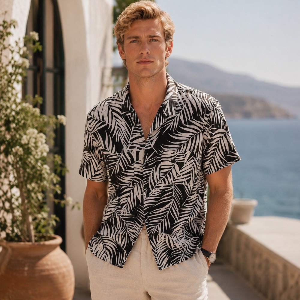 Madewell Mens Large Black White Tropical Palm Leaf Linen Blend Camp Shirt L